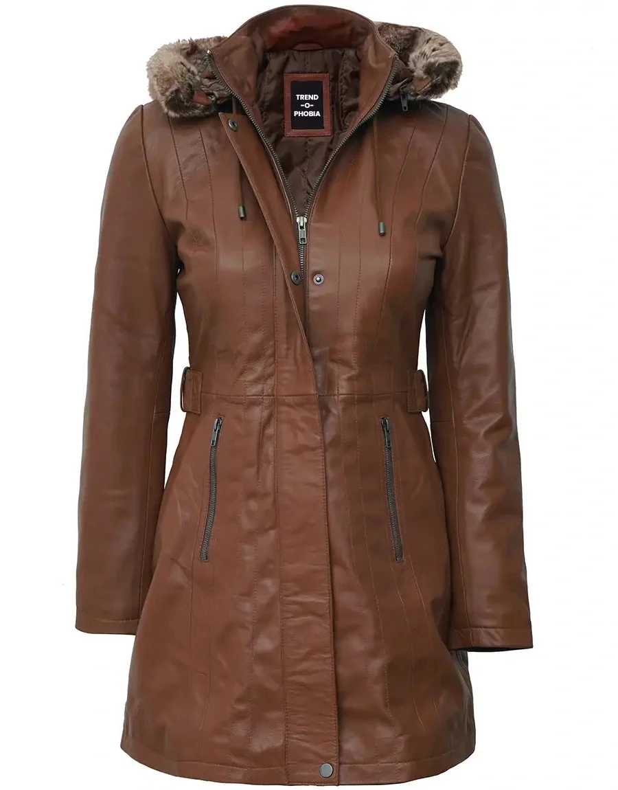 Hooded Brown Leather Long Shearling Coats For Women