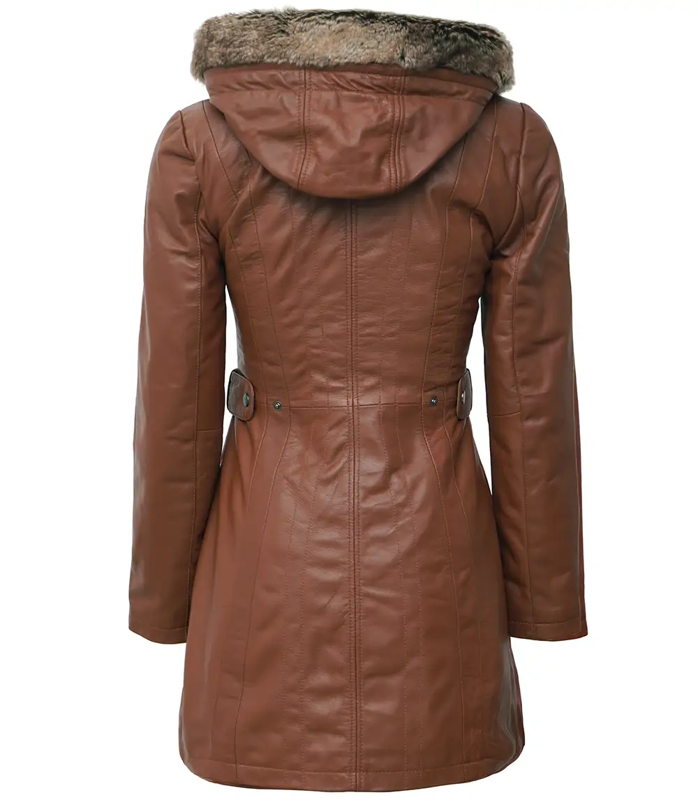 Hooded Brown Leather Long Shearling Coats For Women