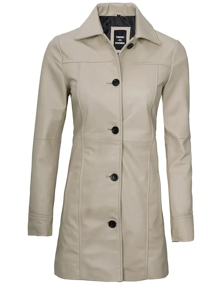 Kandis Womens Biege Real Leather Car Coat