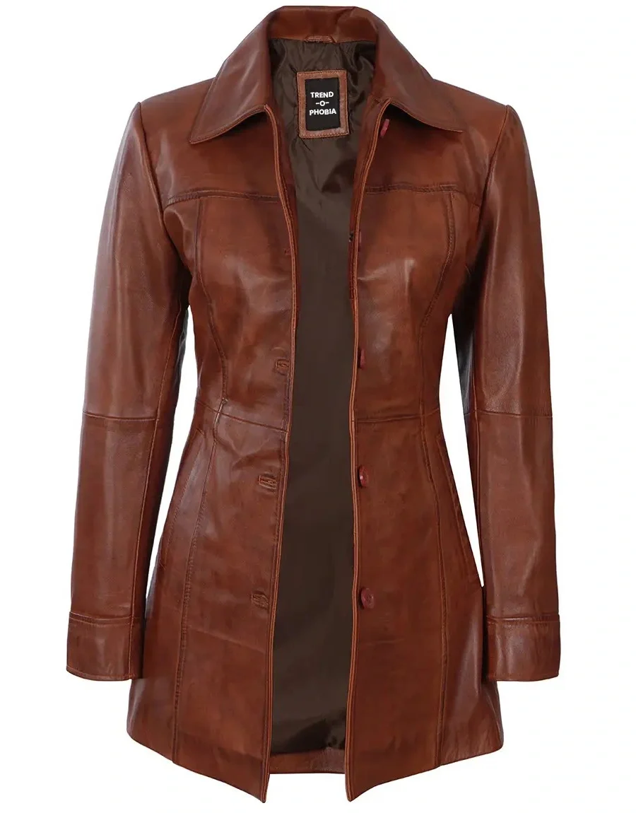 Kandis Womens Cognac Leather Car Coat