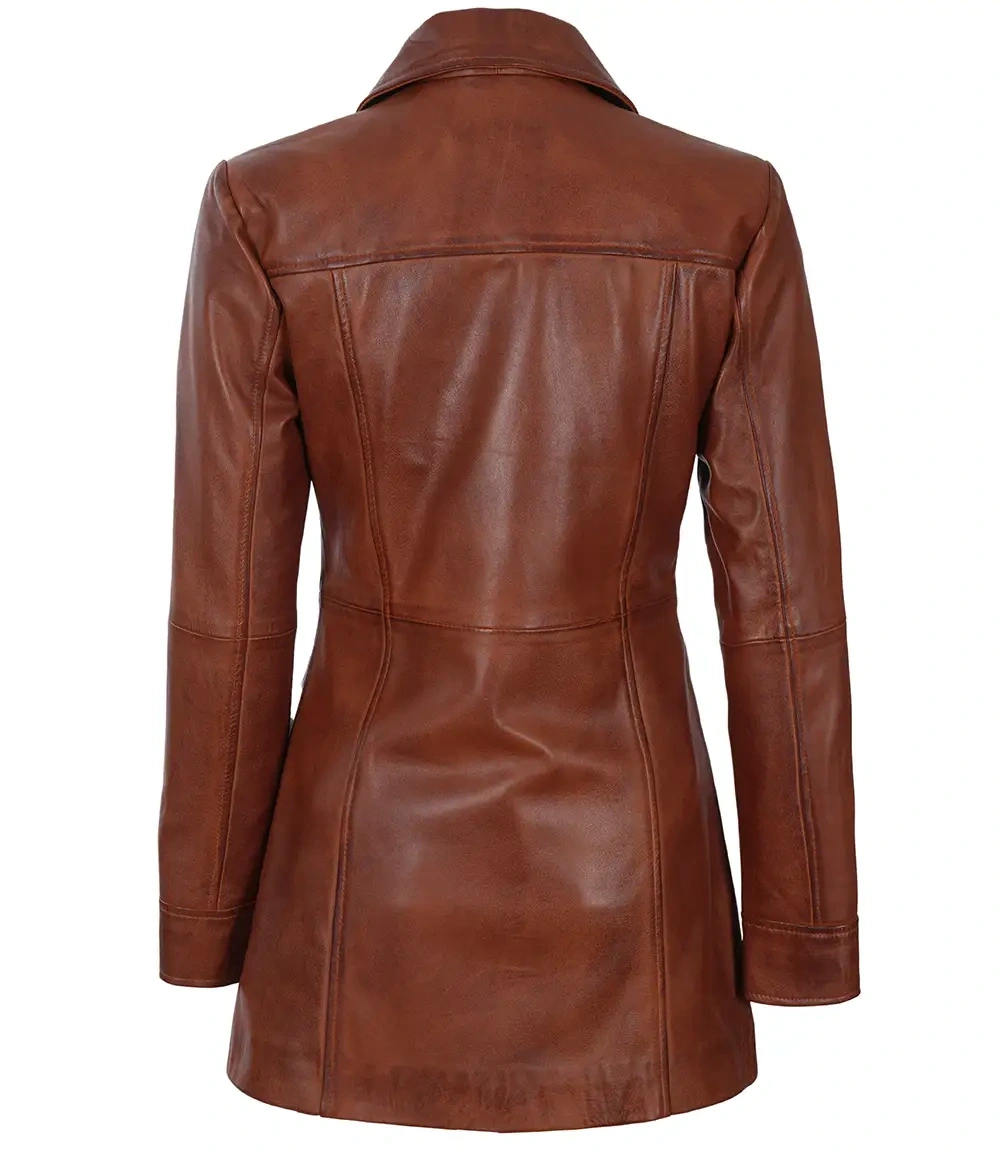 Kandis Womens Cognac Leather Car Coat