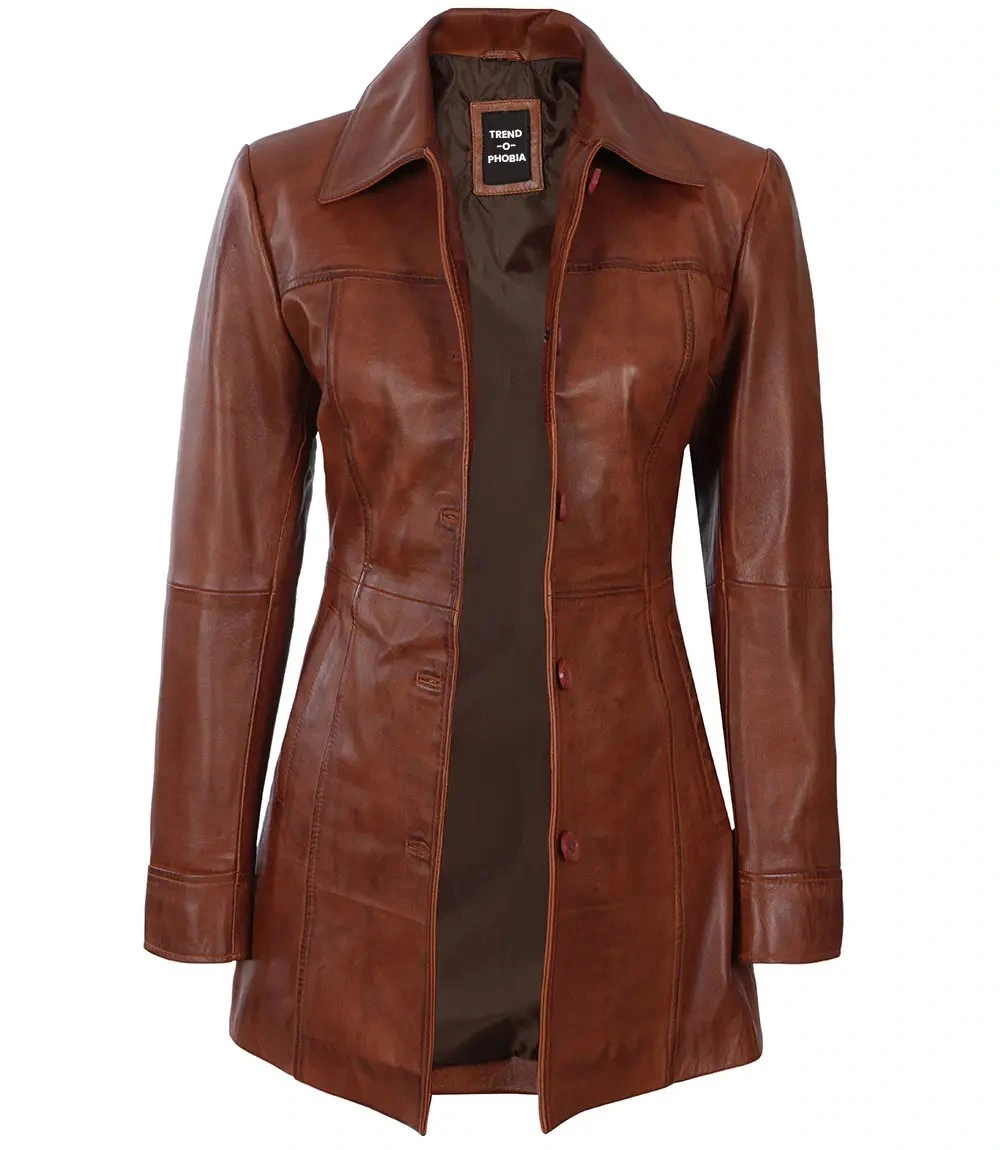 Kandis Womens Cognac Leather Car Coat