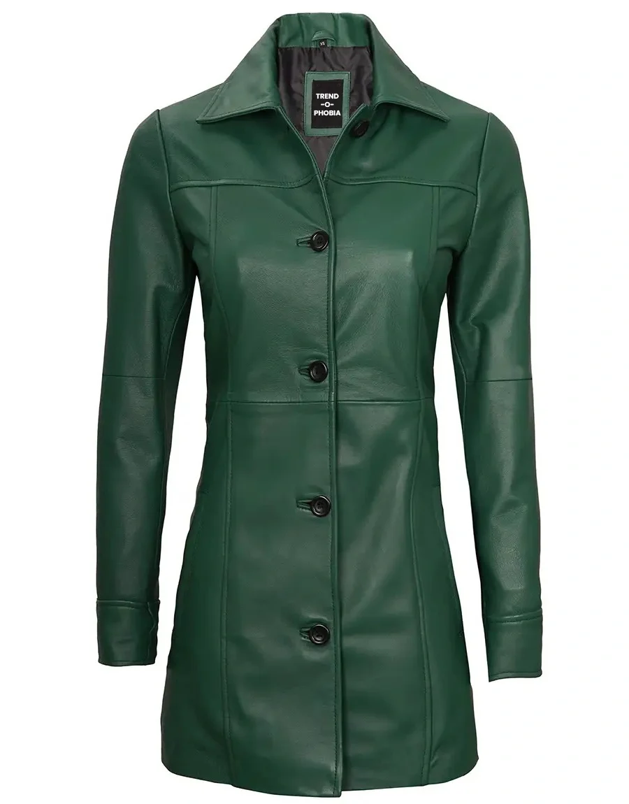 Kandis Womens Green Real Leather Car Coat