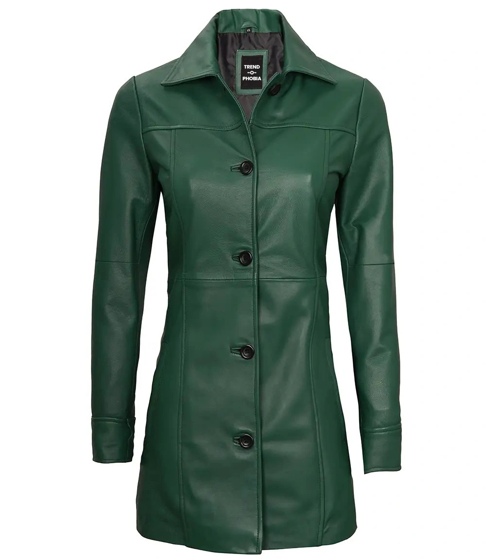 Kandis Womens Green Real Leather Car Coat
