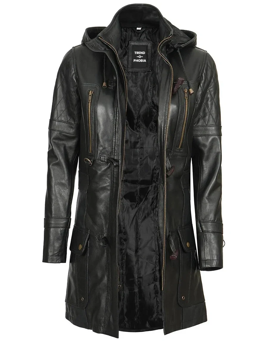 Lisa Womens Black Slim Fit Hooded 3 4 Leather Coat