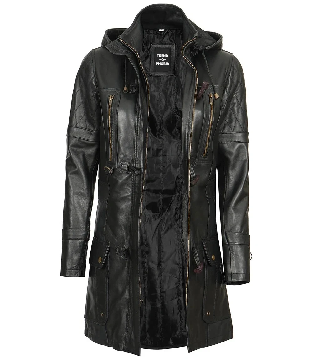 Lisa Womens Black Slim Fit Hooded 3 4 Leather Coat