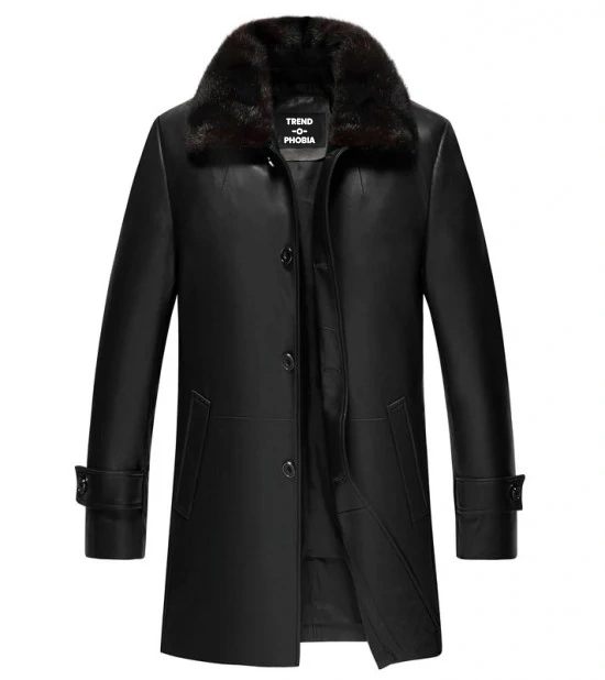 Mens 34 Premium Black Leather Coat With Fur Collar