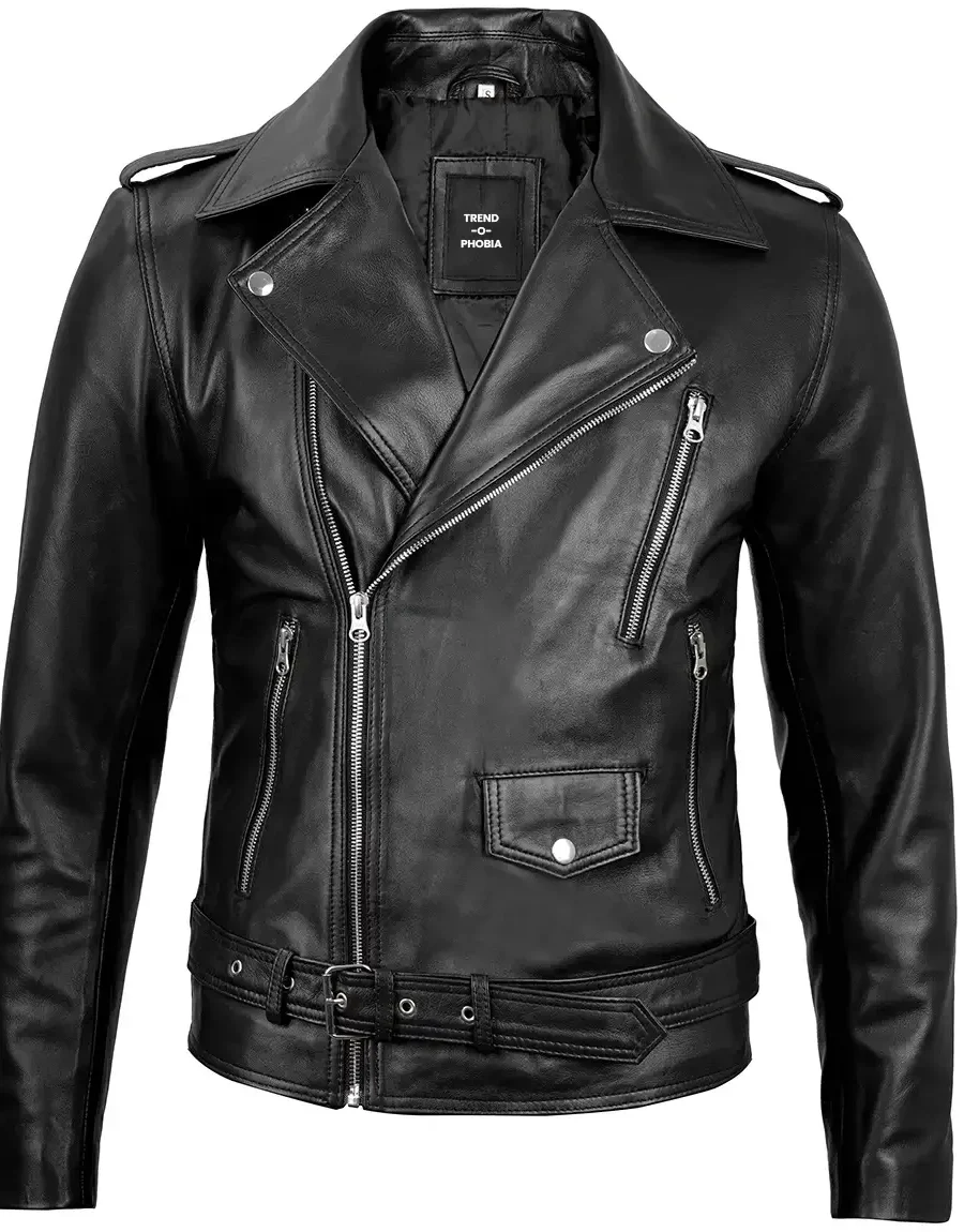 Mens Black Belted Moto Leather Jacket