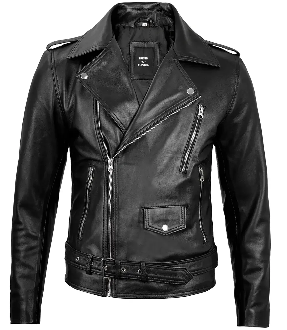 Mens Black Belted Moto Leather Jacket