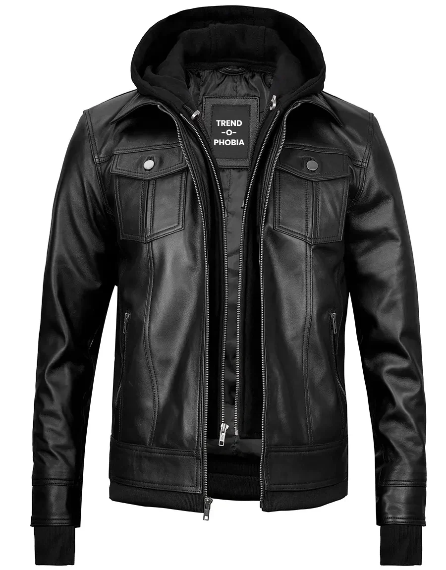 Mens Black Bomber Leather Jacket With Hoodie