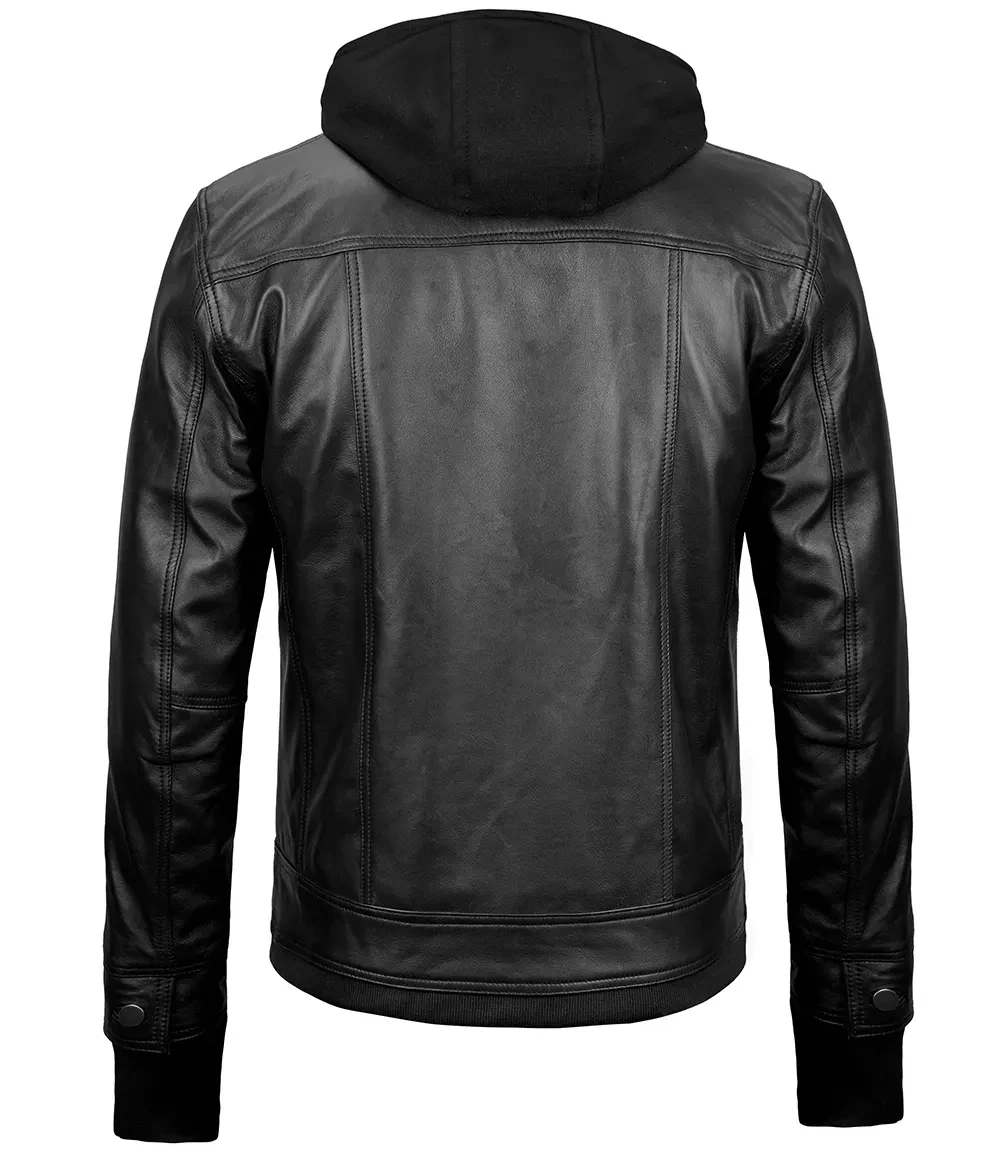Mens Black Bomber Leather Jacket With Hoodie