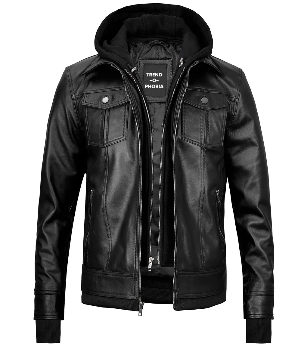 Mens Black Bomber Leather Jacket With Hoodie