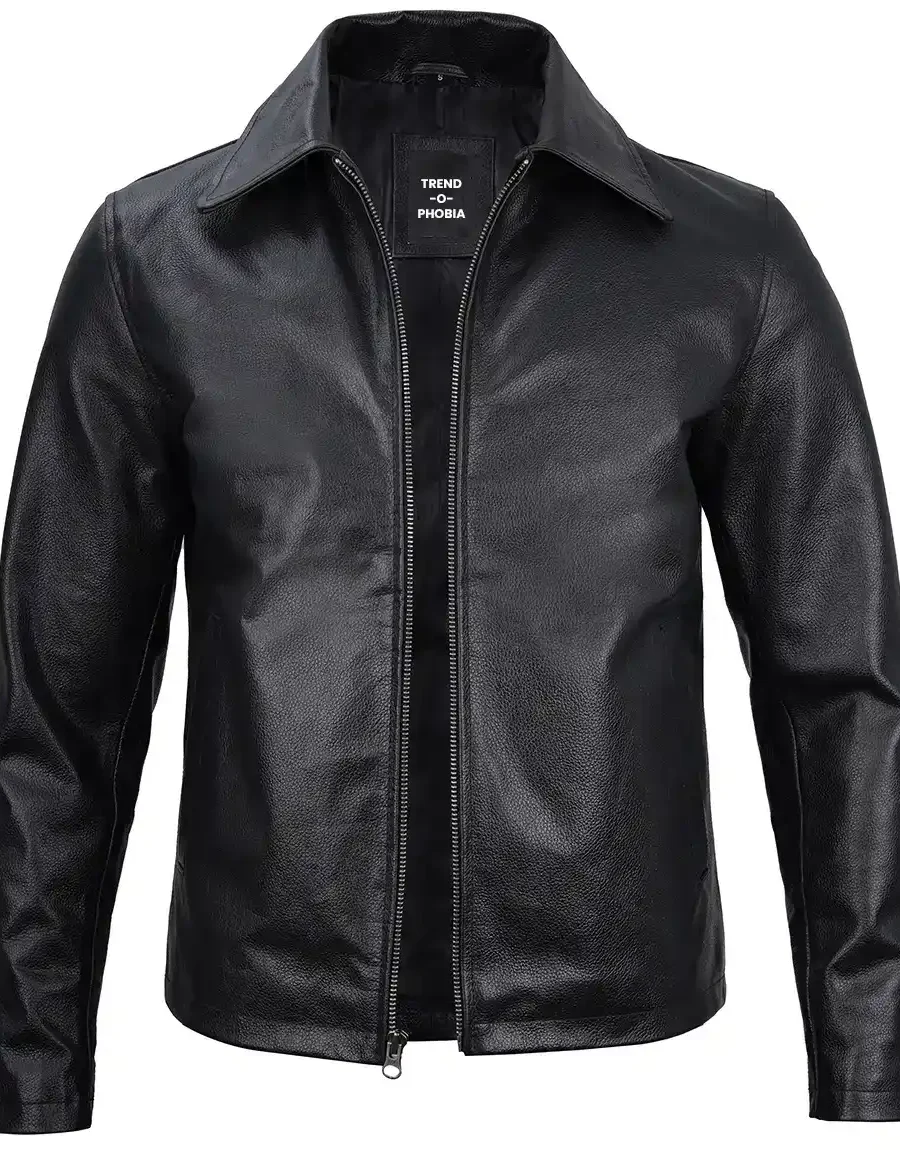 Mens Black Harrington Leather Cowhide Jacket