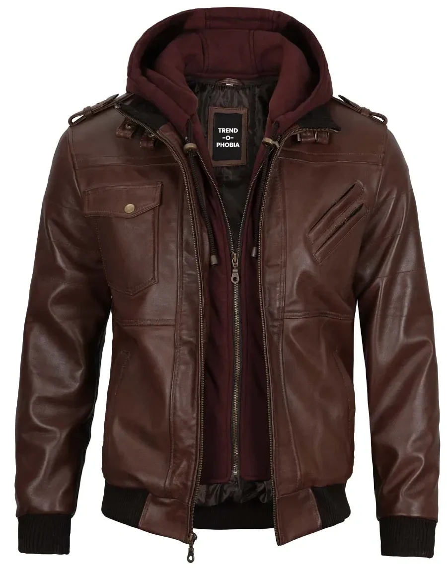 Mens Dark Brown Leather Bomber Jacket With Hood