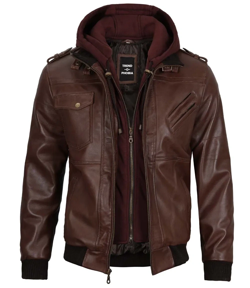 Mens Dark Brown Leather Bomber Jacket With Hood