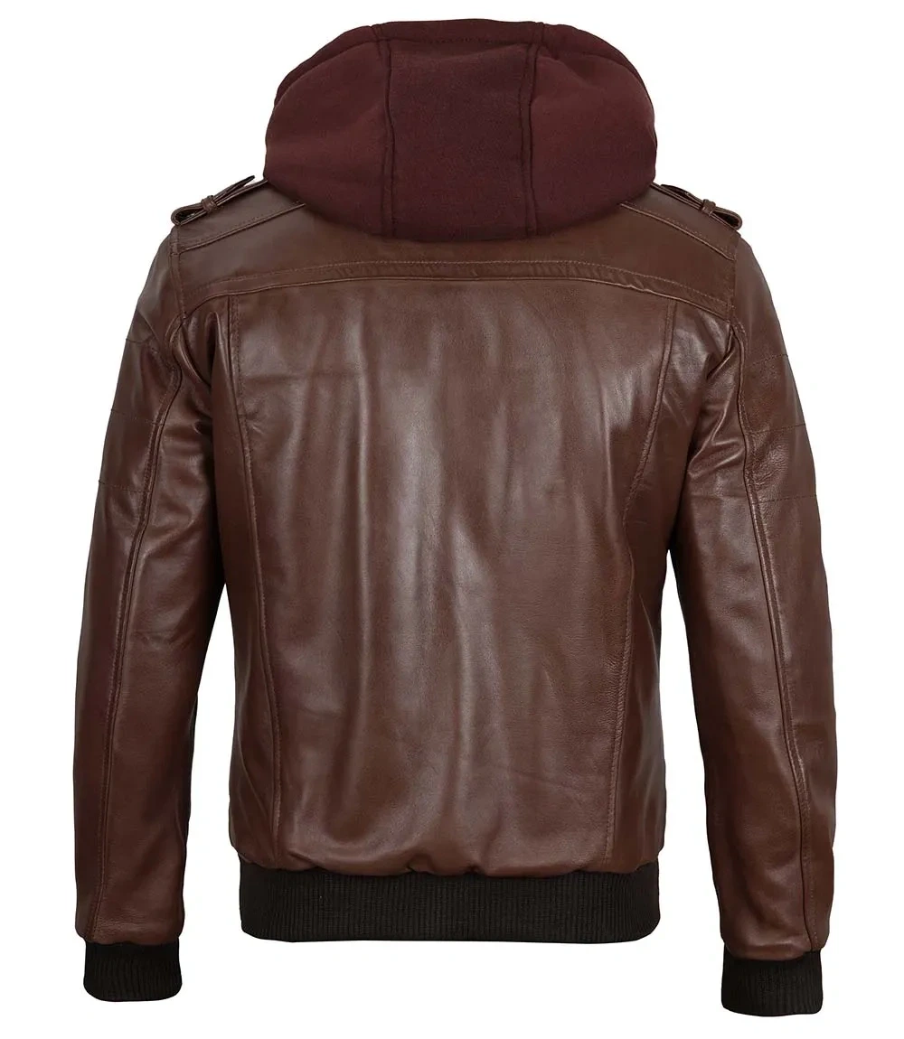 Mens Dark Brown Leather Bomber Jacket With Hood