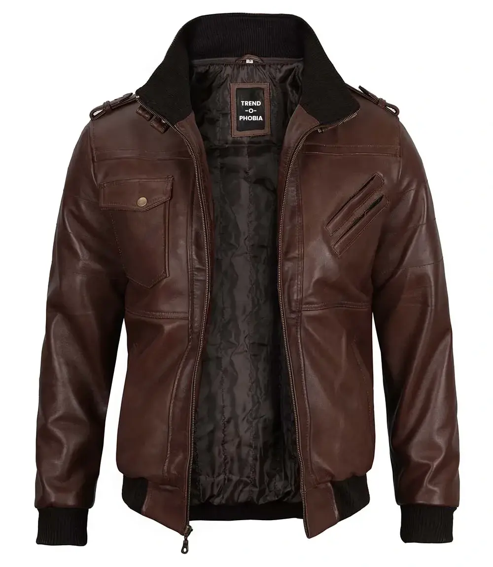 Mens Dark Brown Leather Bomber Jacket With Hood