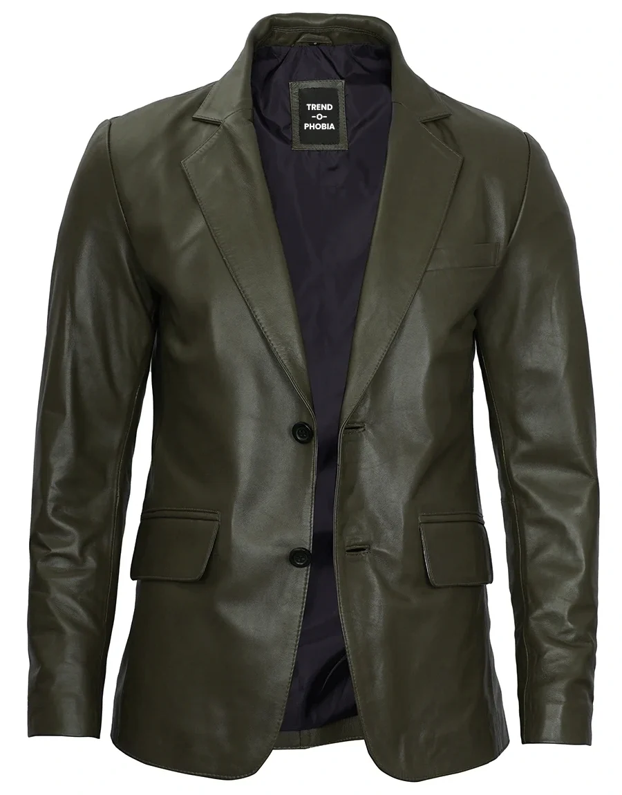 Mens Dark Green Blazer Real Leather Jacket