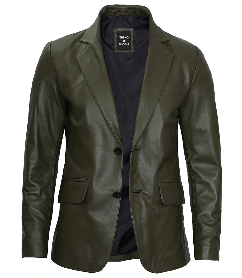 Mens Dark Green Blazer Real Leather Jacket