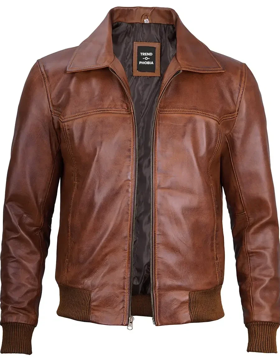 Mens Distressed Brown Harrington Leather Bomber Jacket