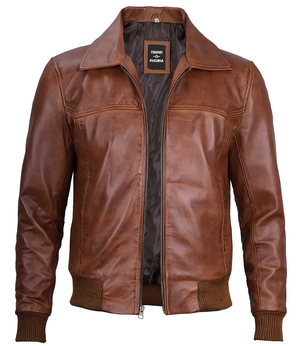 Mens Distressed Brown Harrington Leather Bomber Jacket