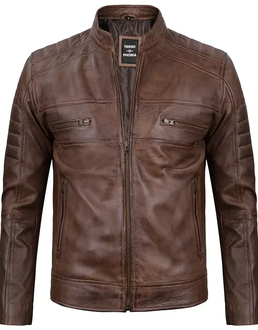 Men’s Distressed Coffee Brown Leather Cafe Racer Jacket