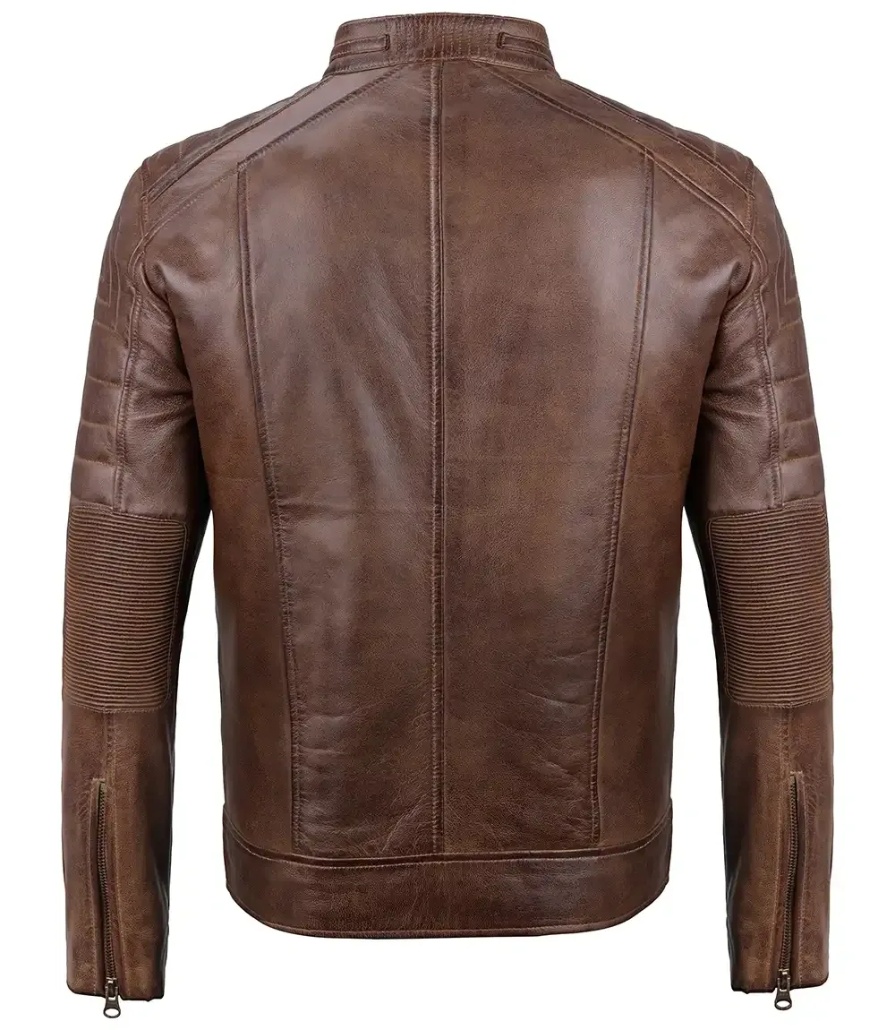 Men’s Distressed Coffee Brown Leather Cafe Racer Jacket