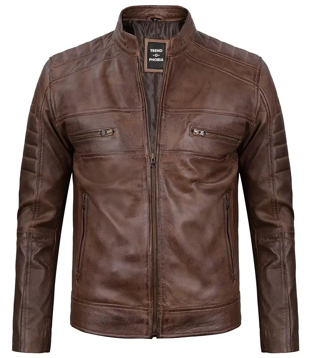 Men’s Distressed Coffee Brown Leather Cafe Racer Jacket