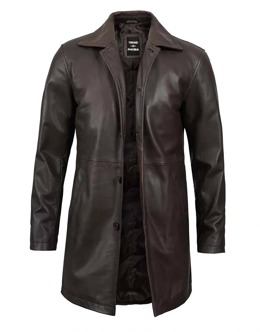 Mens Distressed Dark Brown Leather Car Coat