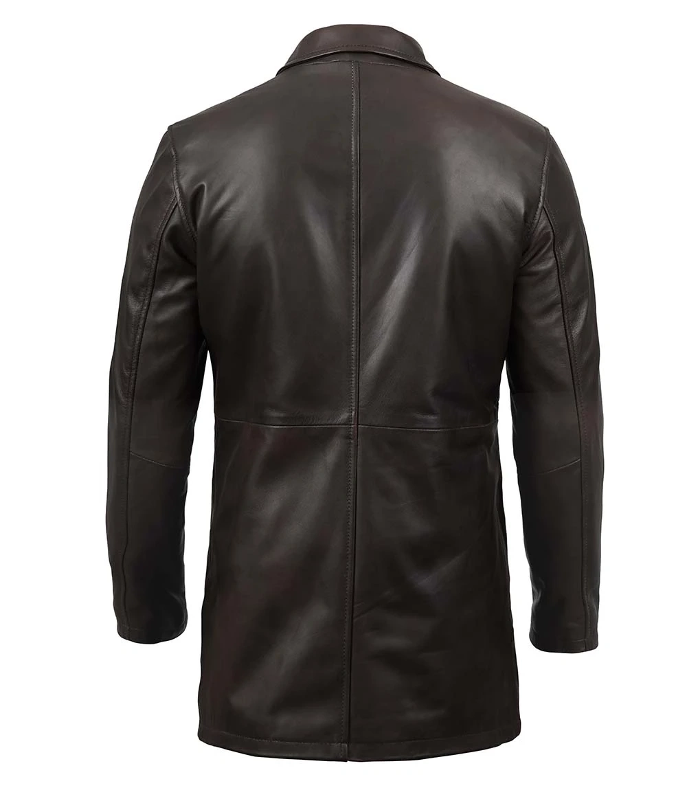 Mens Distressed Dark Brown Leather Car Coat back