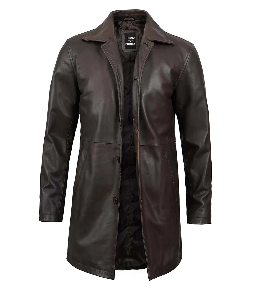 Mens Distressed Dark Brown Leather Car Coat
