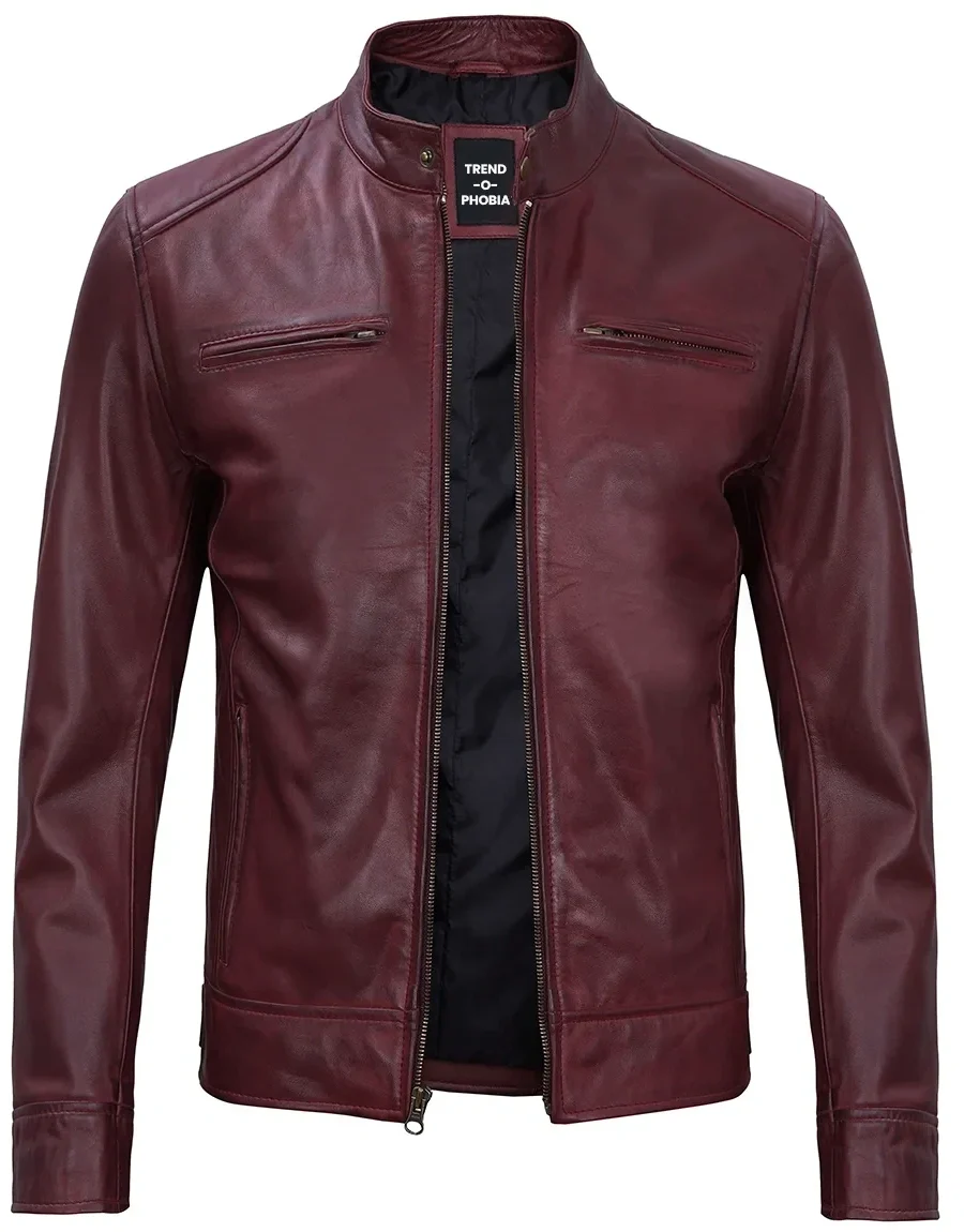 Mens Maroon Leather Cafe Racer Motorcycle Jacket