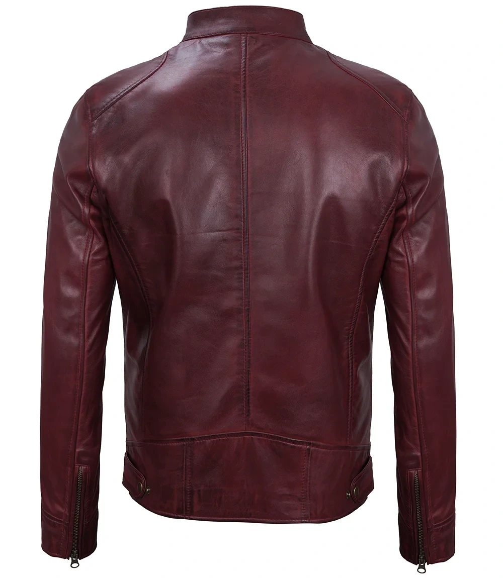 Mens Maroon Leather Cafe Racer Motorcycle Jacket