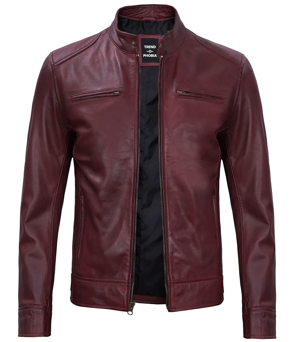 Mens Maroon Leather Cafe Racer Motorcycle Jacket