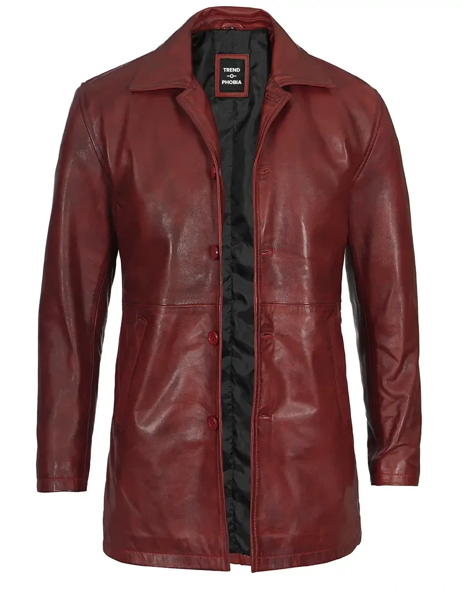 Mens Maroon Real Sheep Skin Leather Car Coat