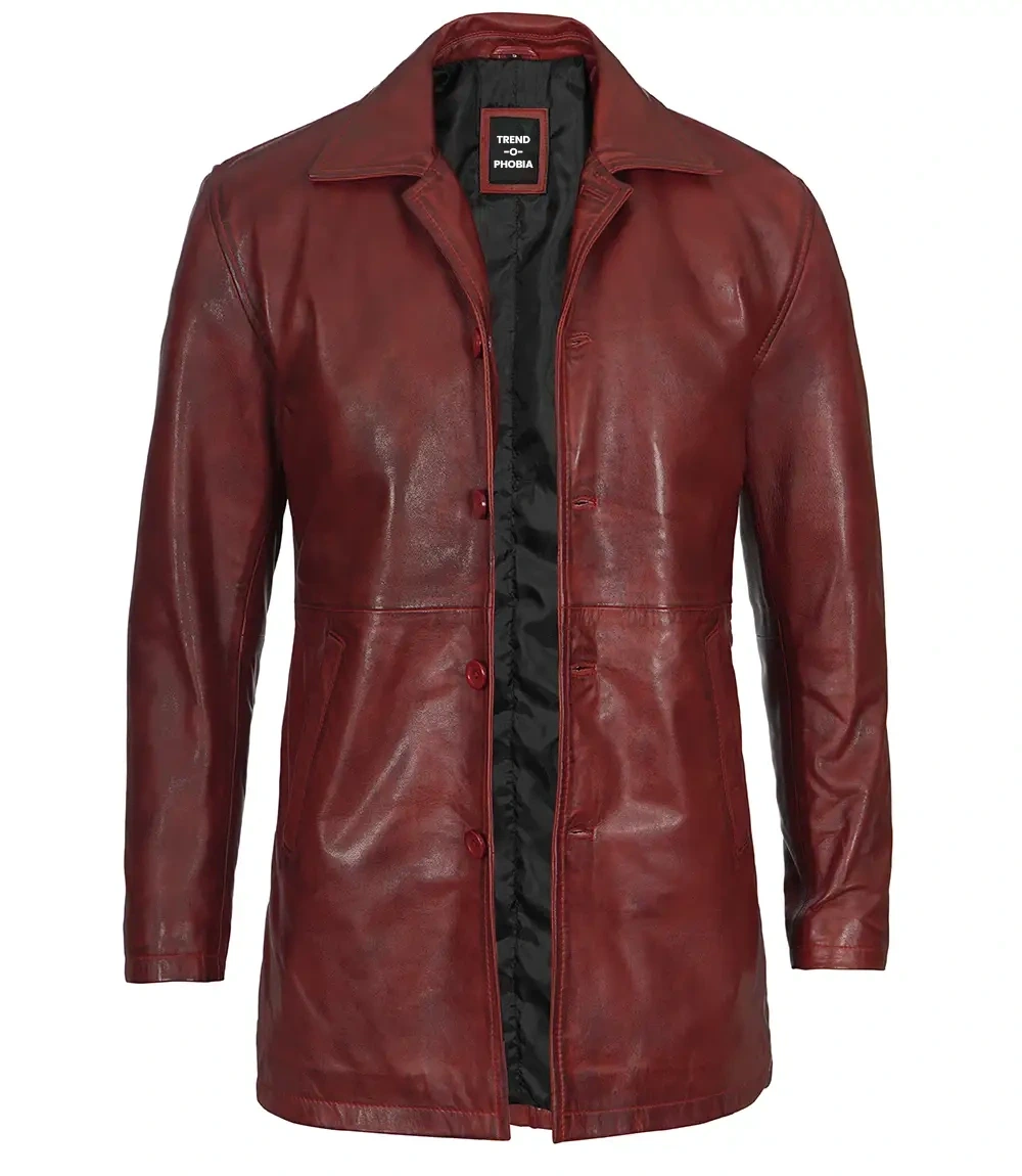 Mens Maroon Real Sheep Skin Leather Car Coat
