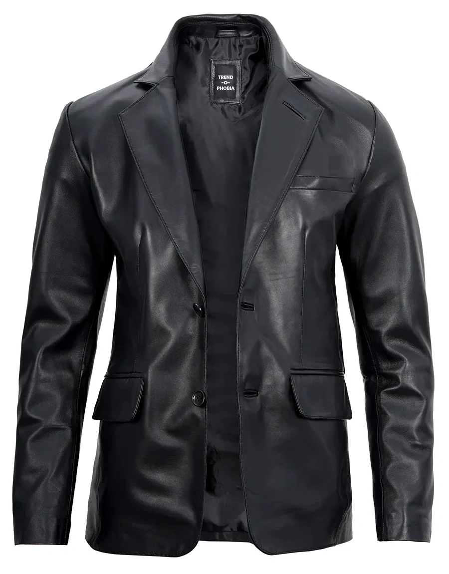 Mens Real Lambskin Black Leather Blazer Jacket front