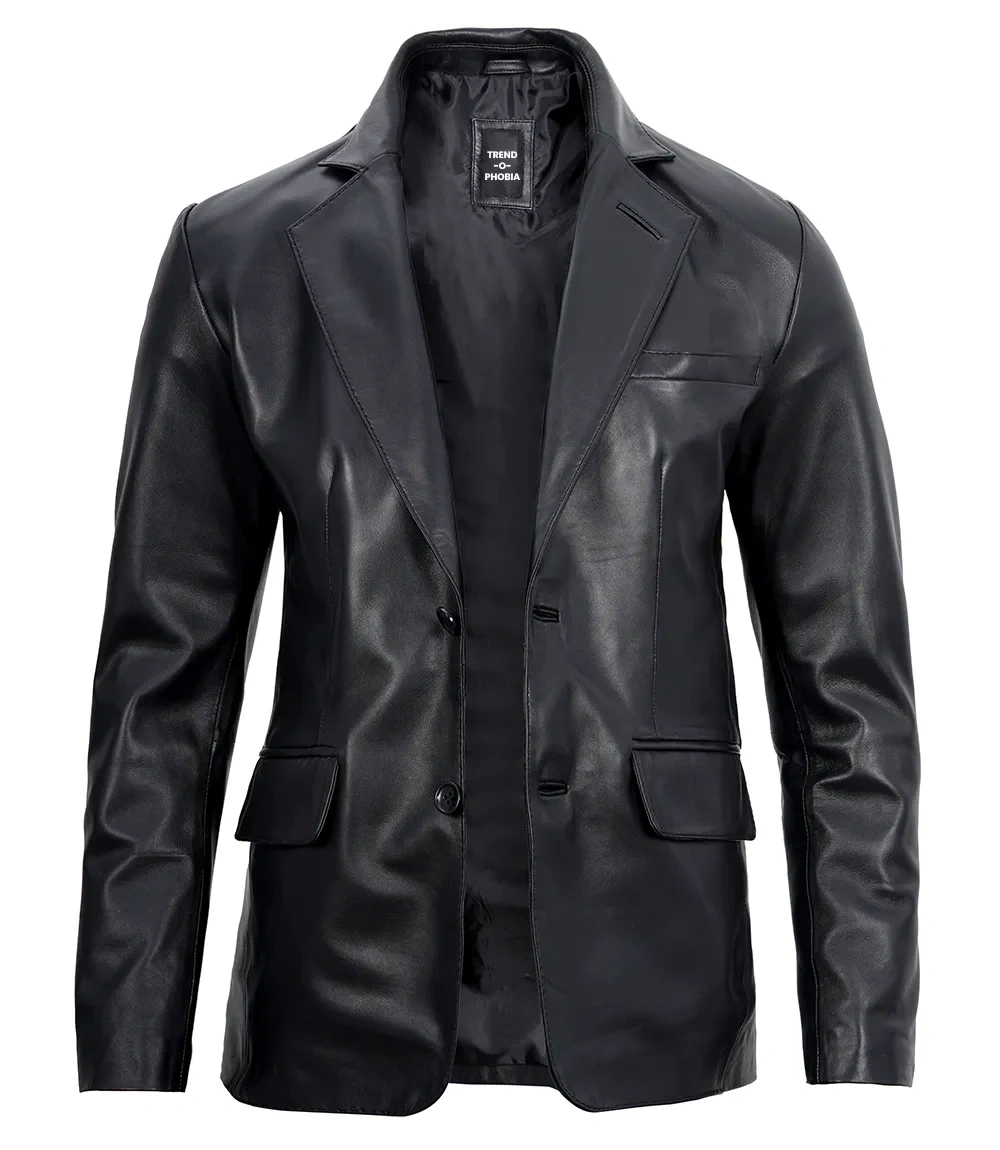 Mens Real Lambskin Black Leather Blazer Jacket front