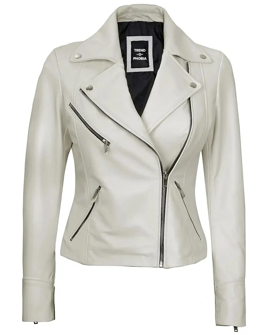 Ninfa Women Moto Style Off White Real Leather Jacket