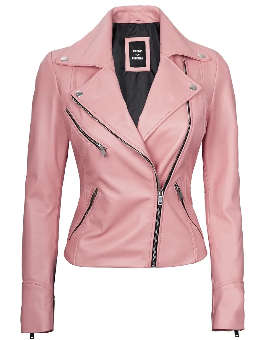 Ninja Women Moto Style Real Leather Pink Jacket