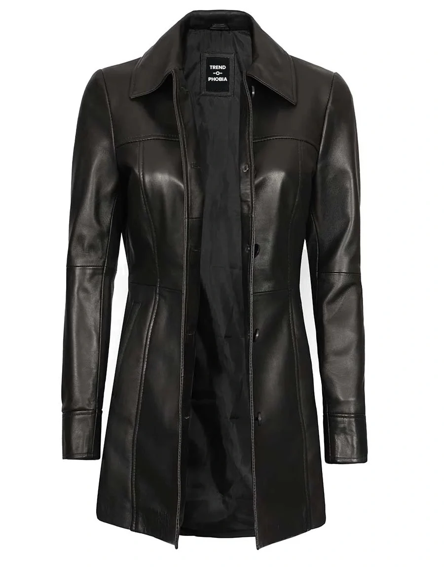 Premium 3 4 Length Womens Black Leather Car Coat