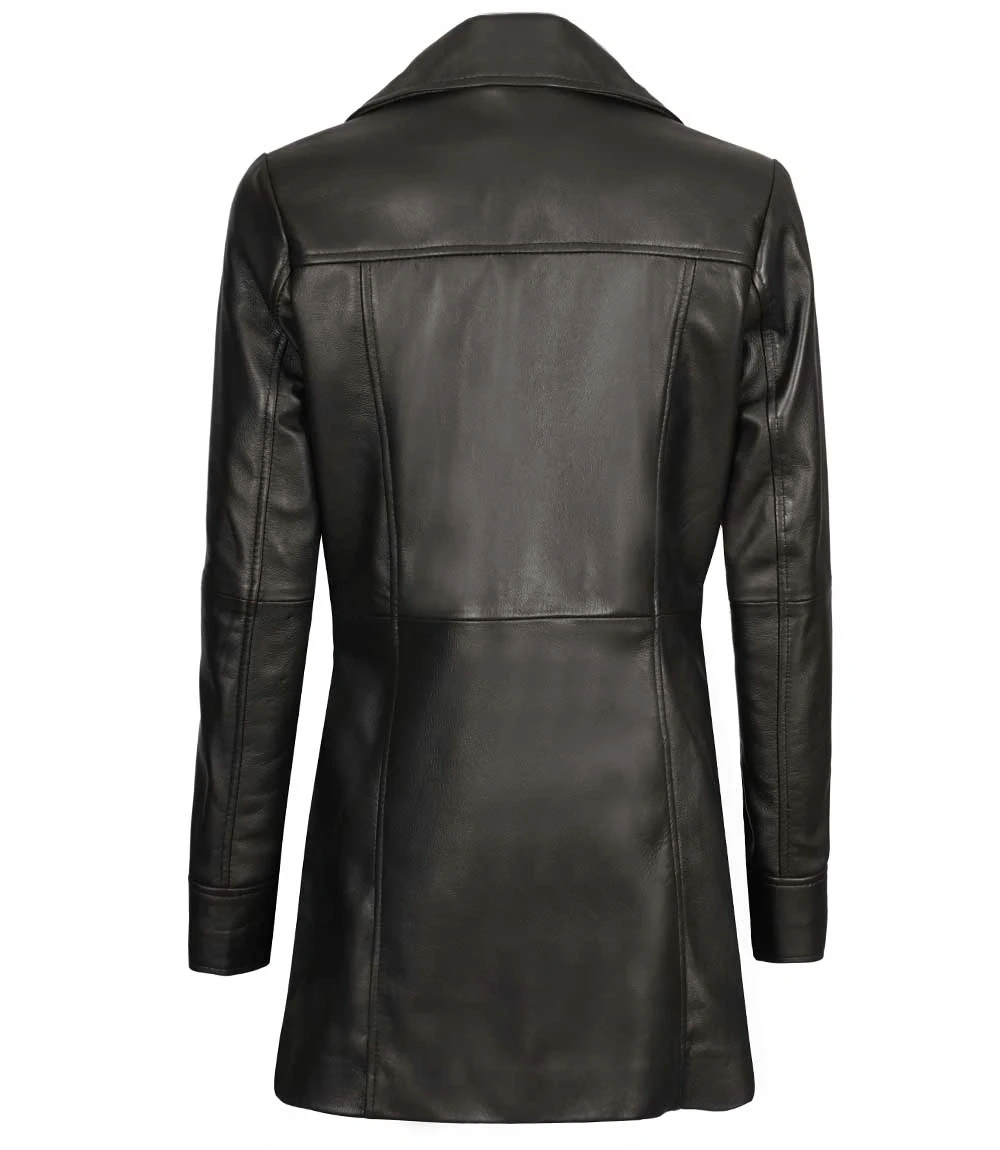 Premium 3 4 Length Womens Black Leather Car Coat