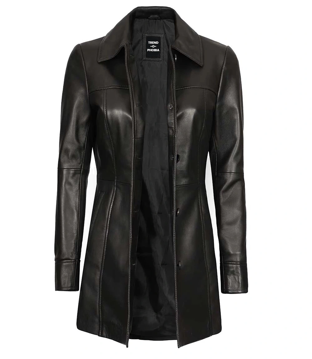 Premium 3 4 Length Womens Black Leather Car Coat