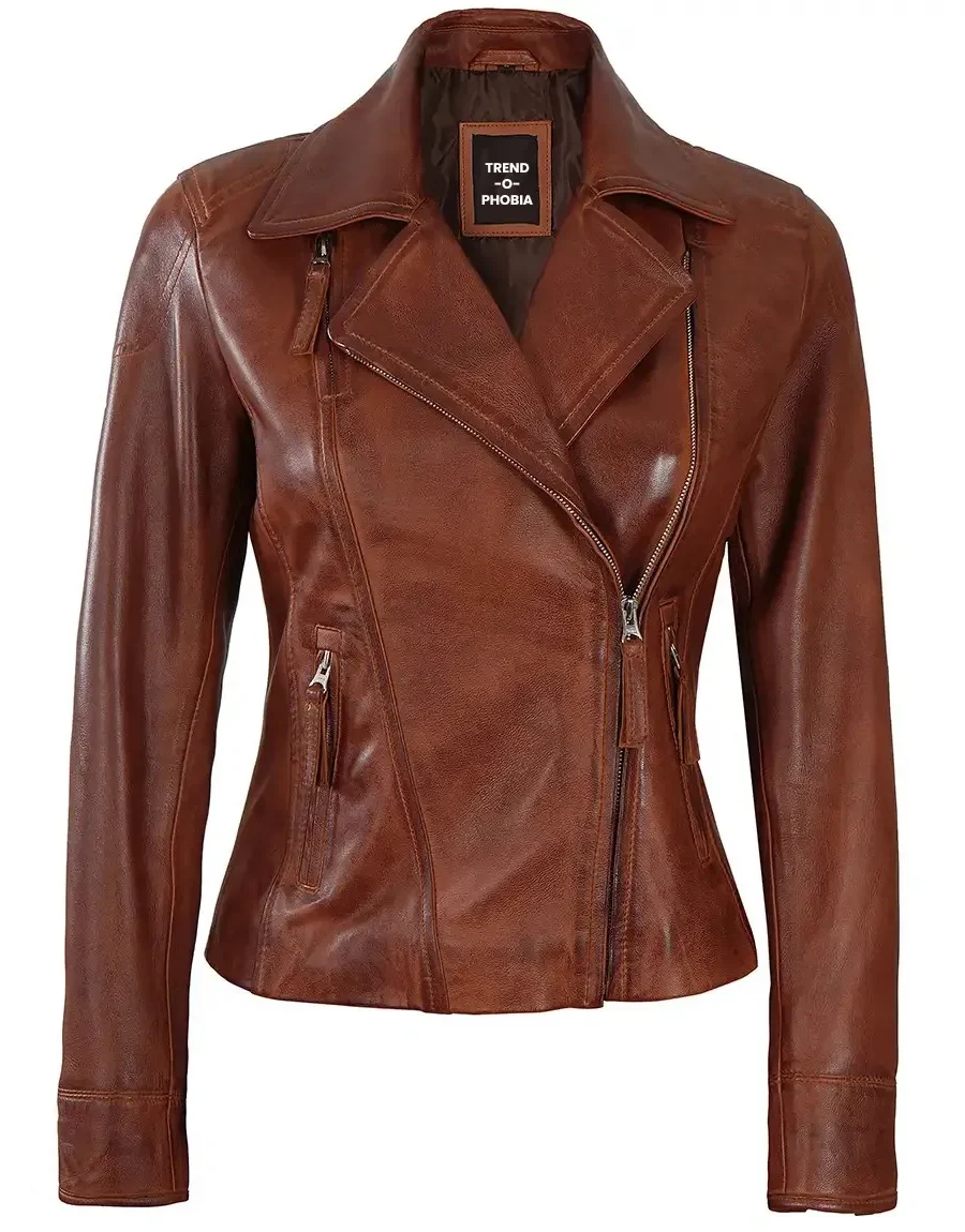 Ramsey Women’s Asymmetrical Cognac Brown Premium Leather Jacket