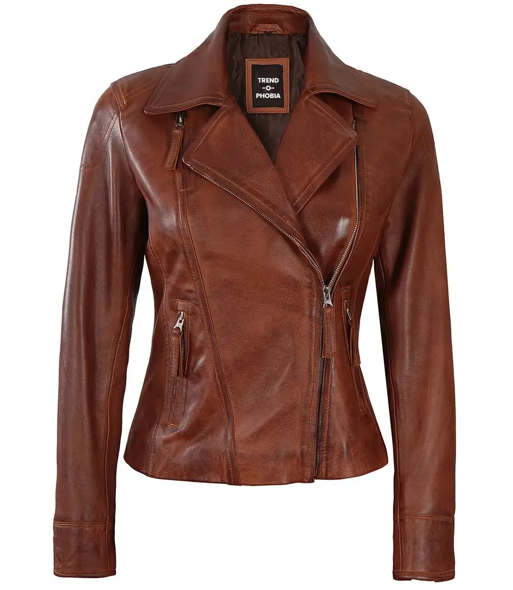 Ramsey Women’s Asymmetrical Cognac Brown Premium Leather Jacket