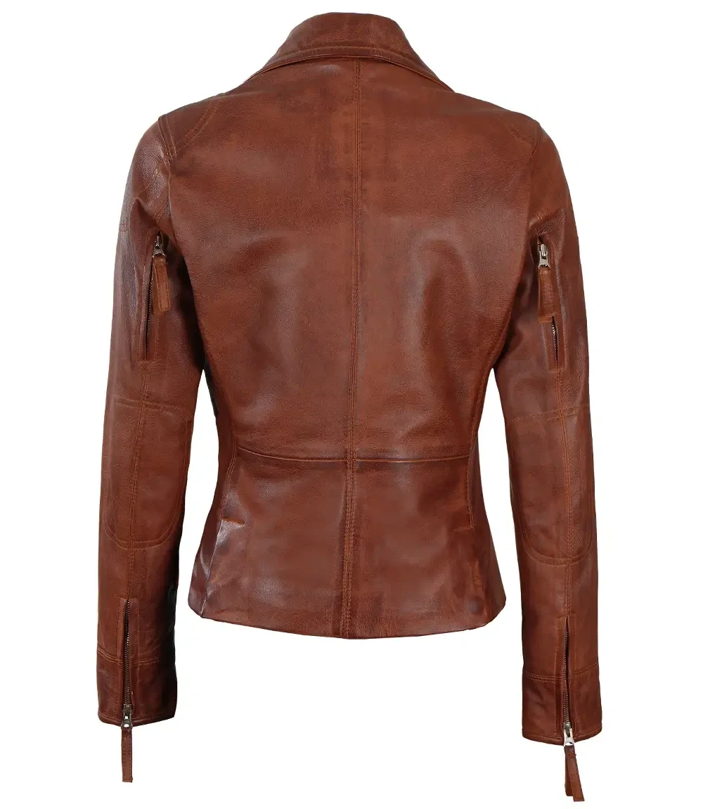 Ramsey Women’s Asymmetrical Cognac Brown Premium Leather Jacket