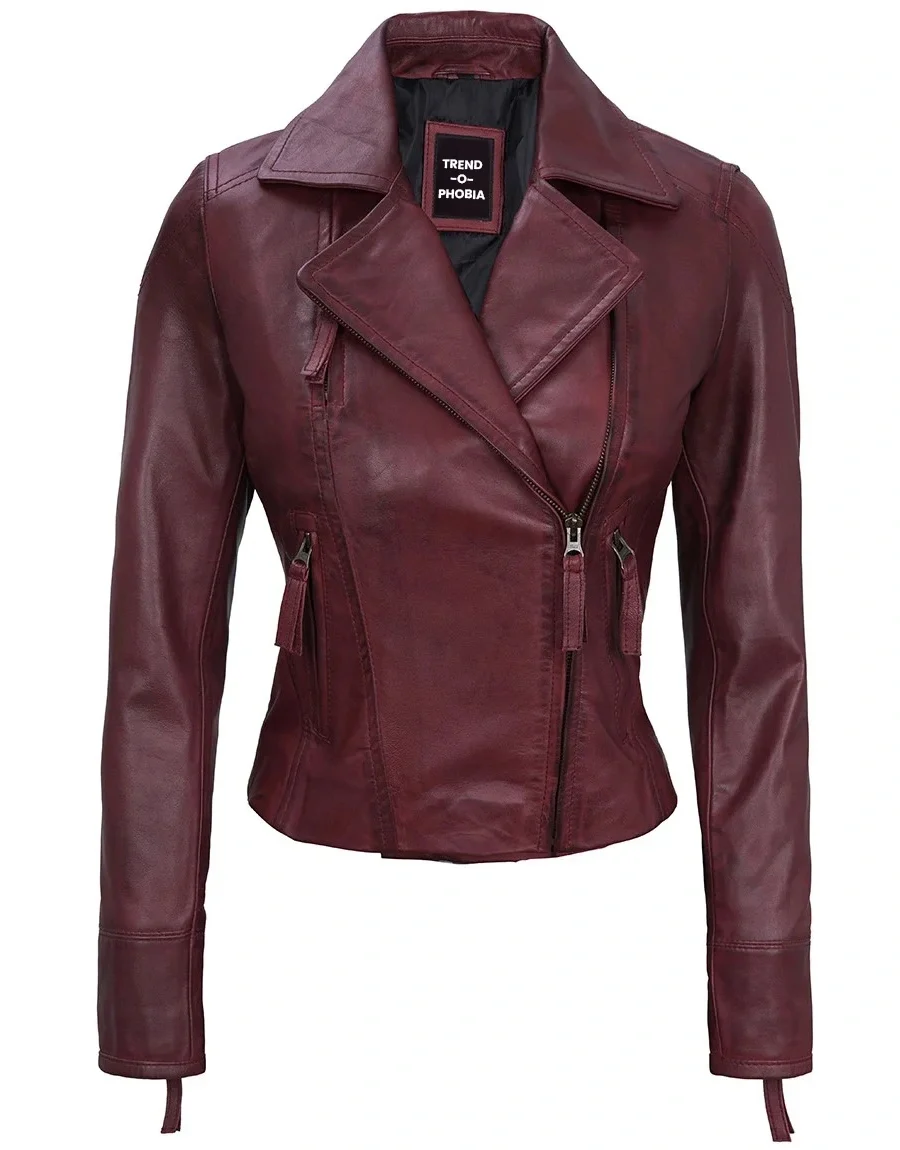 Ramsey Womens Maroon Asymmetrical Waxed Biker Leather Jacket