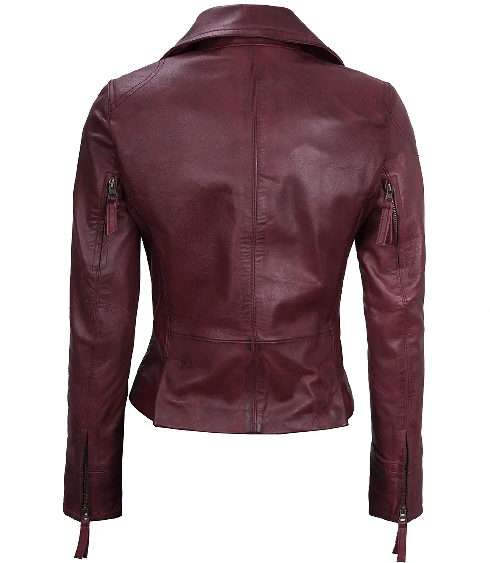 Ramsey Womens Maroon Asymmetrical Waxed Biker Leather Jacket