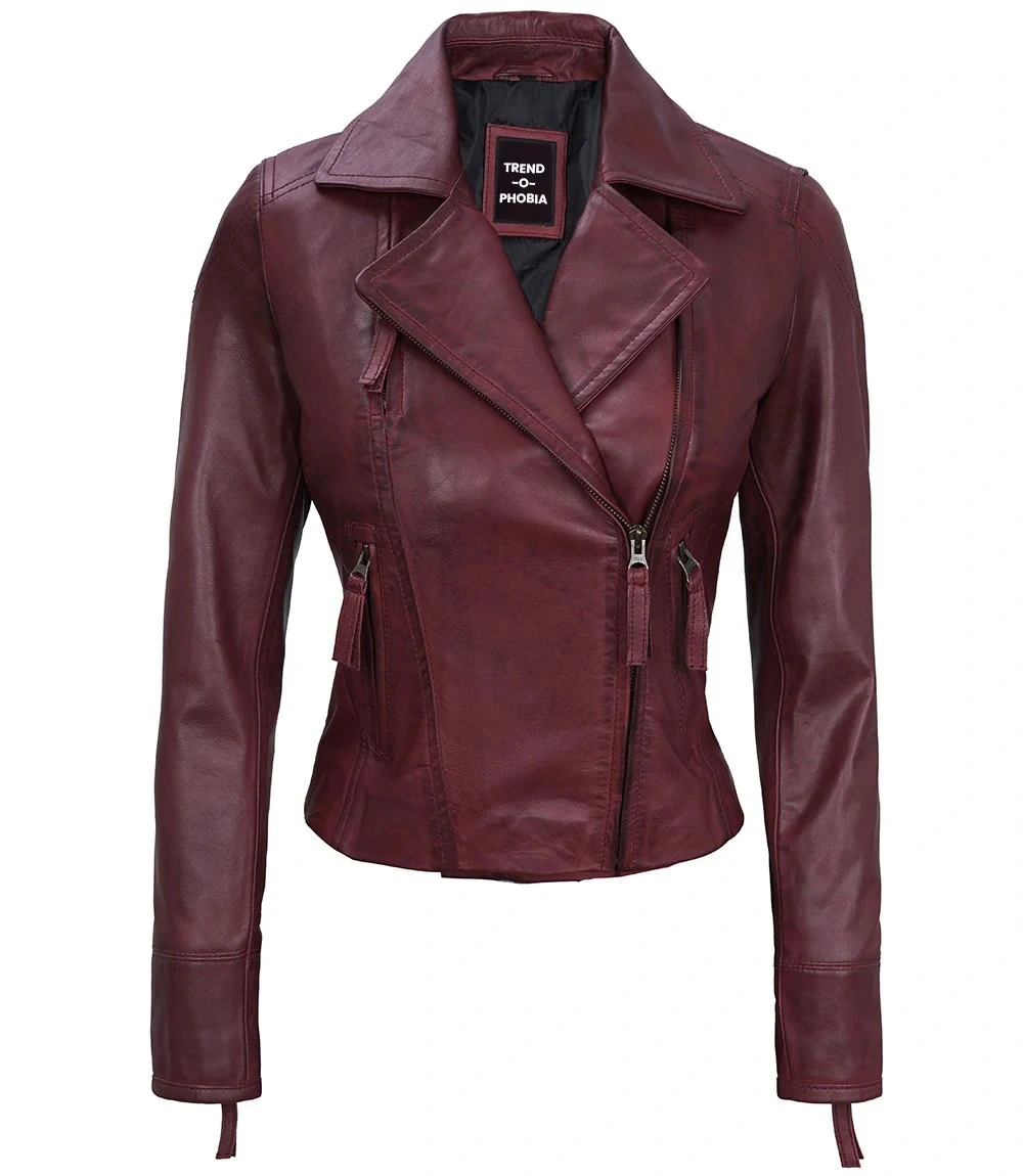 Ramsey Womens Maroon Asymmetrical Waxed Biker Leather Jacket