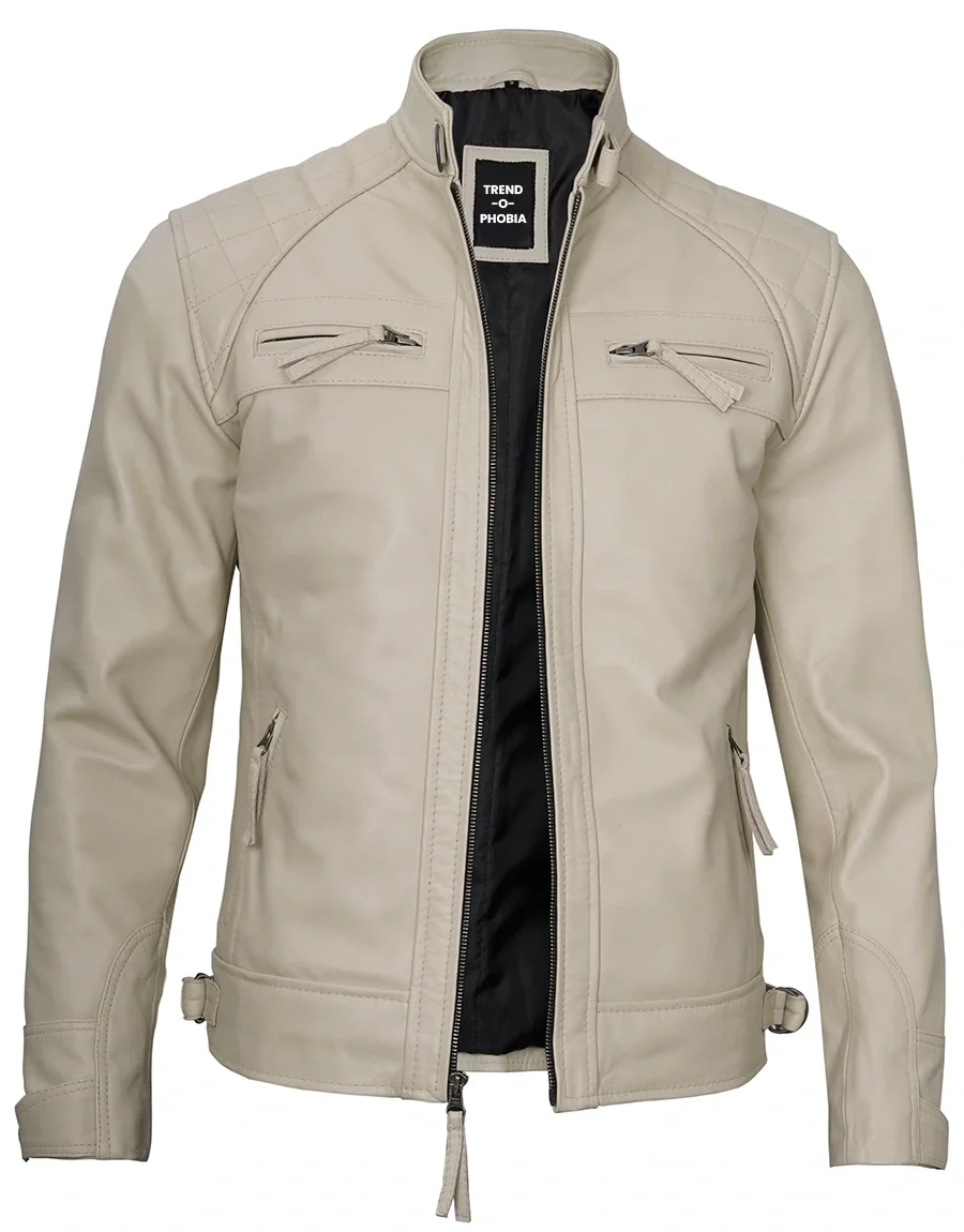 Real Leather Classic Mens Beige Cafe Racer Biker Jacket